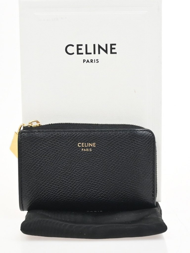 Celine Logo Mini Zipper Compact Coincase Leather Black Gold Italy 64ta602